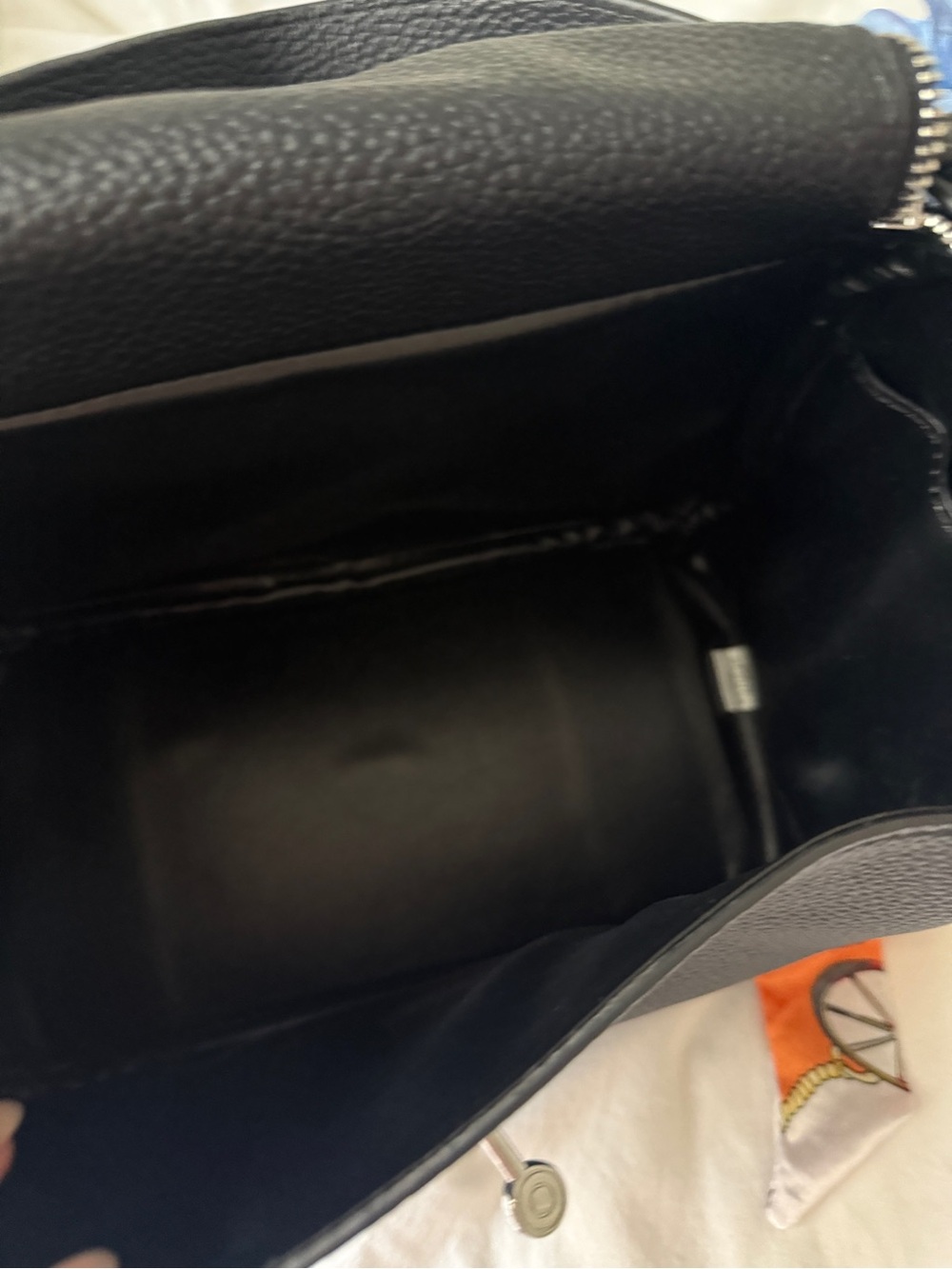 Black Pebbled Leather Shoulder Bag with Orange Accent Scarf - Picture 6 of 7